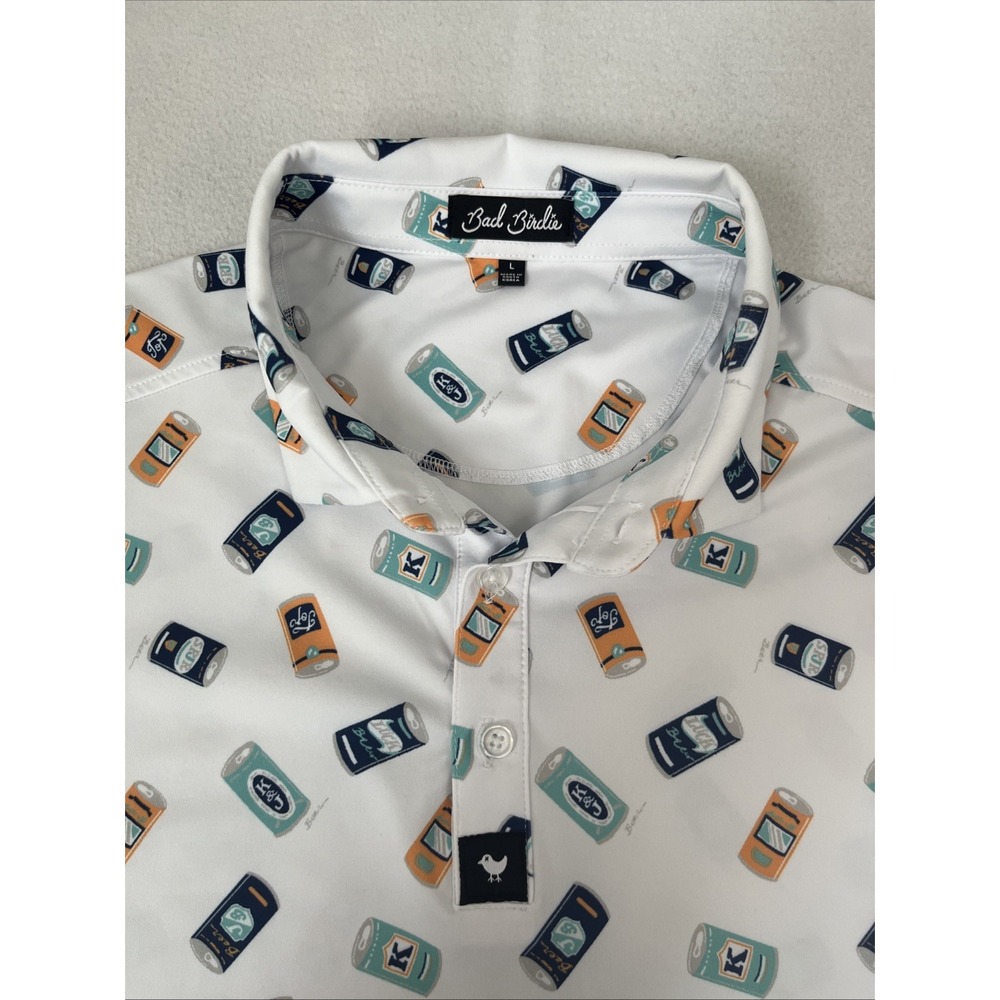Bad Birdie Core Polo Crushable Beer Can Print Mens L White Golf BBMP015-661